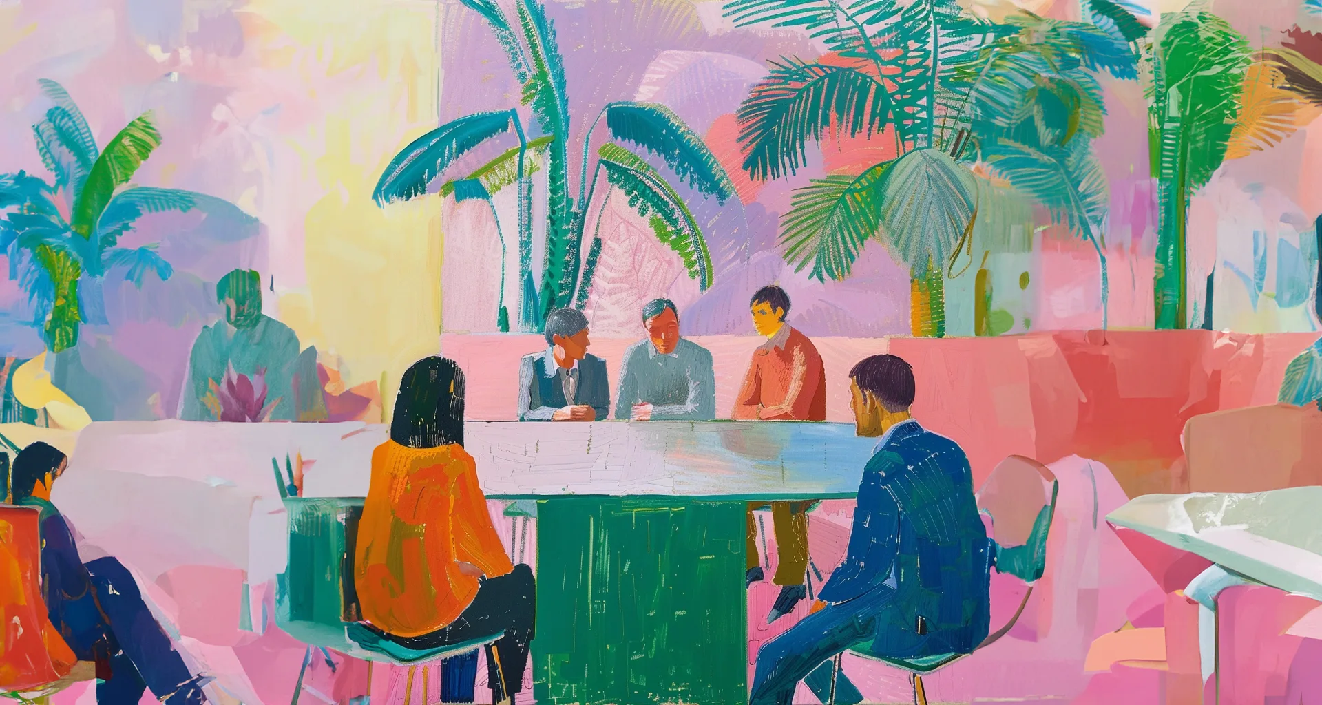 Illustrated group meeting in a colorful architectural setting