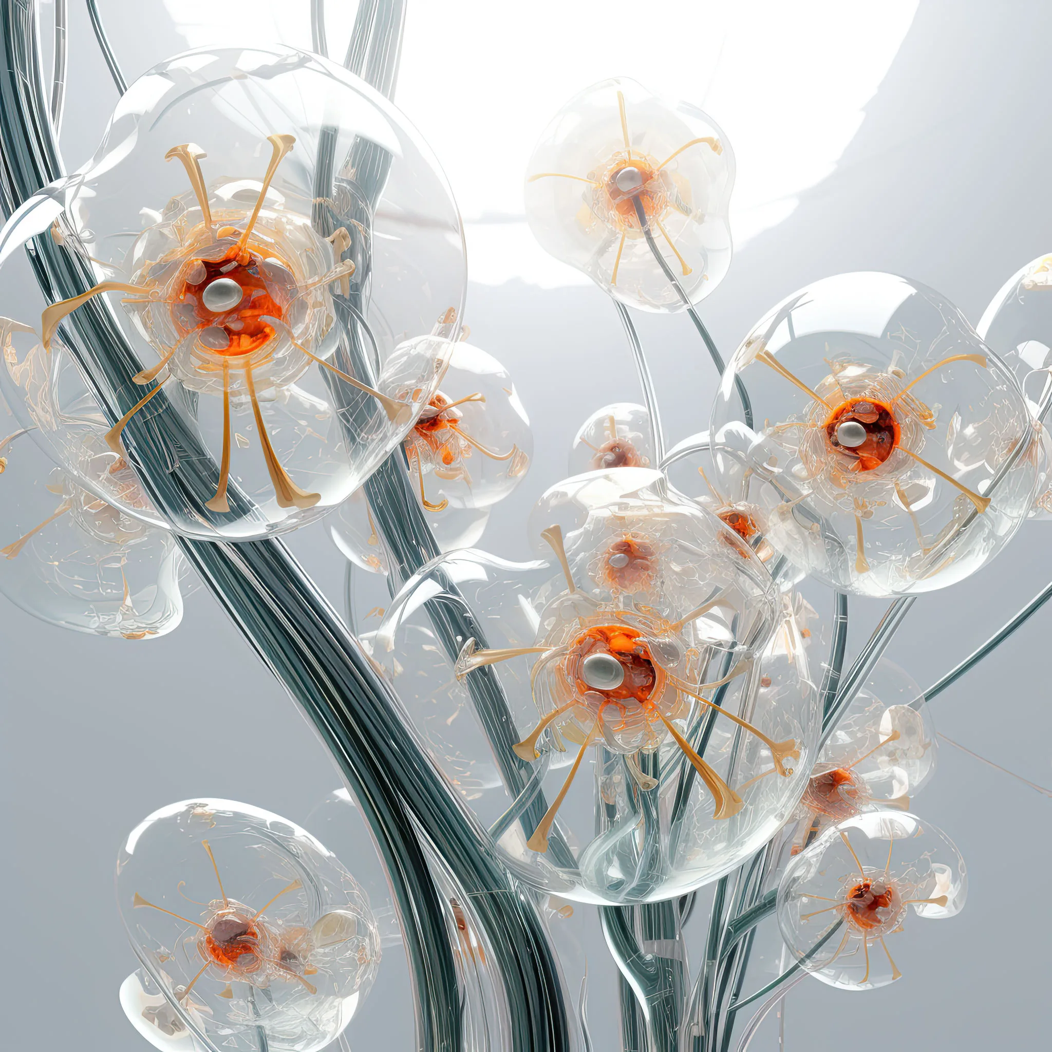 Abstract transparent glass forms with orange details